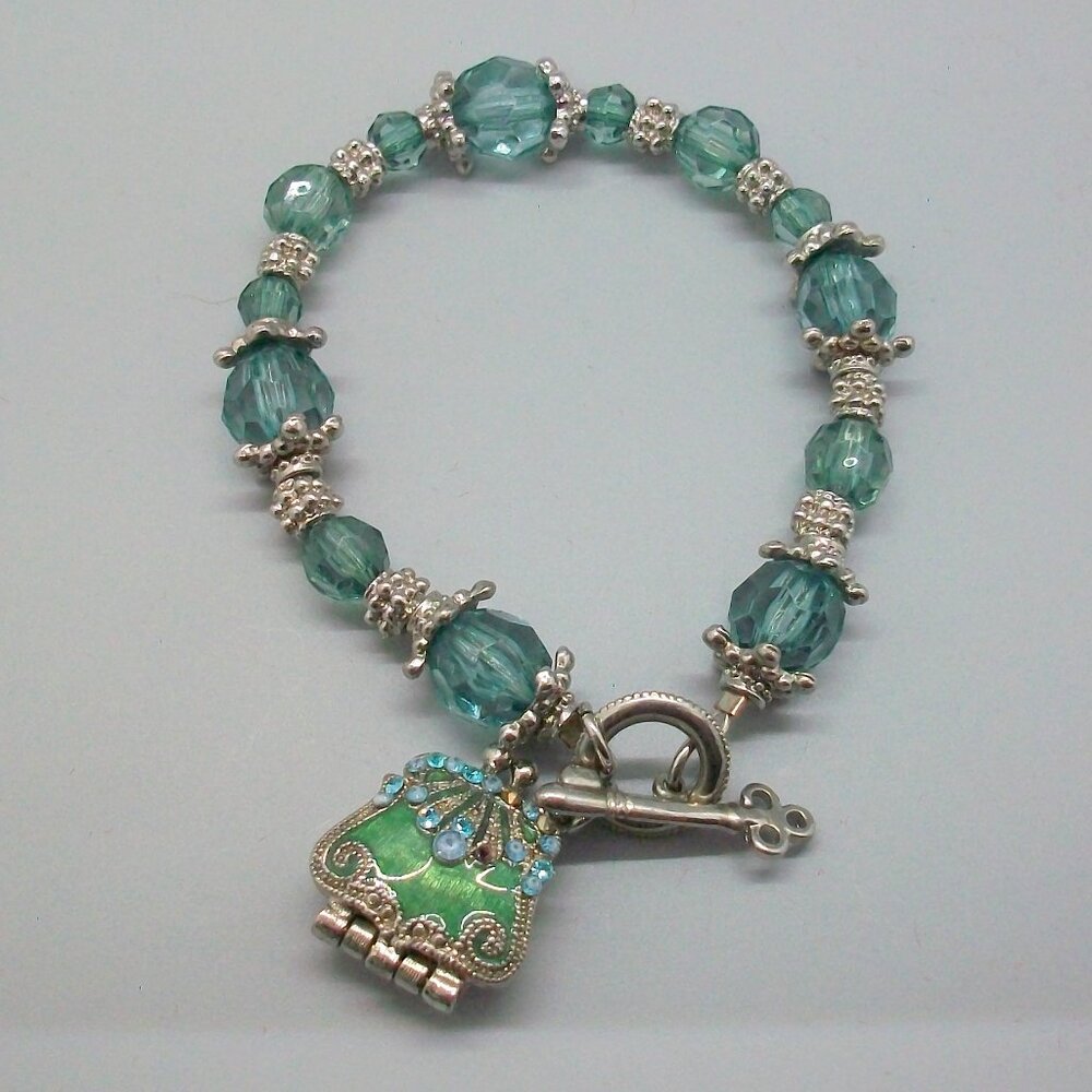 Handcrafted Aqua Green Bead Bracelet Enamel Purse Charm Key Toggle Clasp 7"